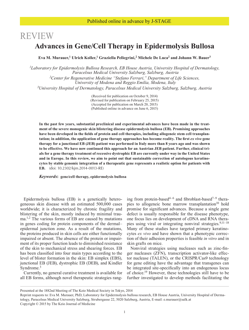 PDF Advances in Gene Cell Therapy in Epidermolysis Bullosa