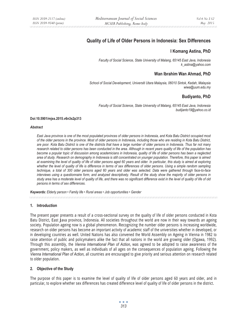 PDF) Quality of Life of Older Persons in Indonesia: Sex Differences