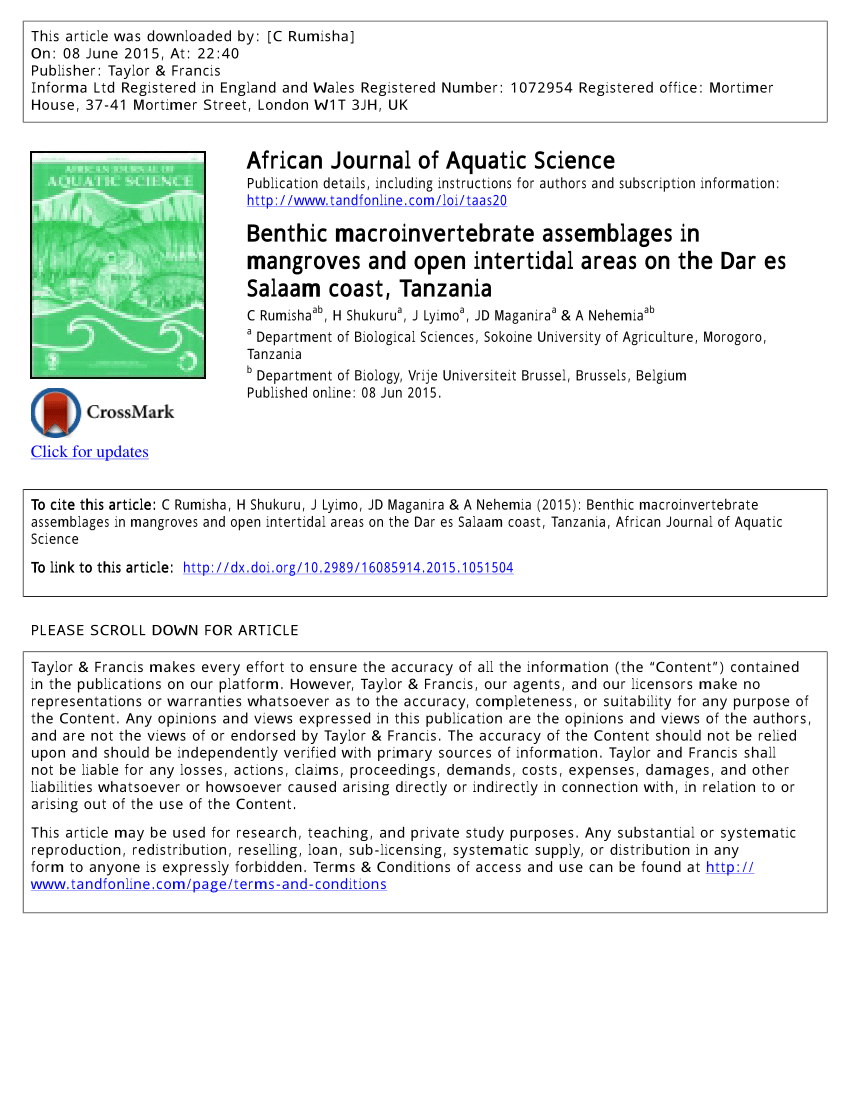 Pdf Benthic Macroinvertebrate Assemblages In Mangroves And Open Intertidal Areas On The Dar Es Salaam Coast Tanzania