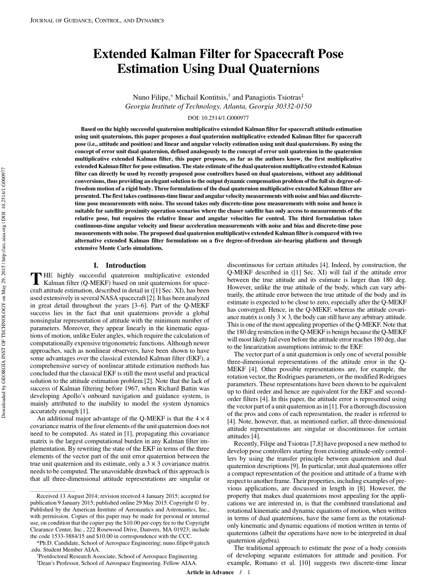 Pdf Extended Kalman Filter For Spacecraft Pose Estimation Using Dual Quaternions