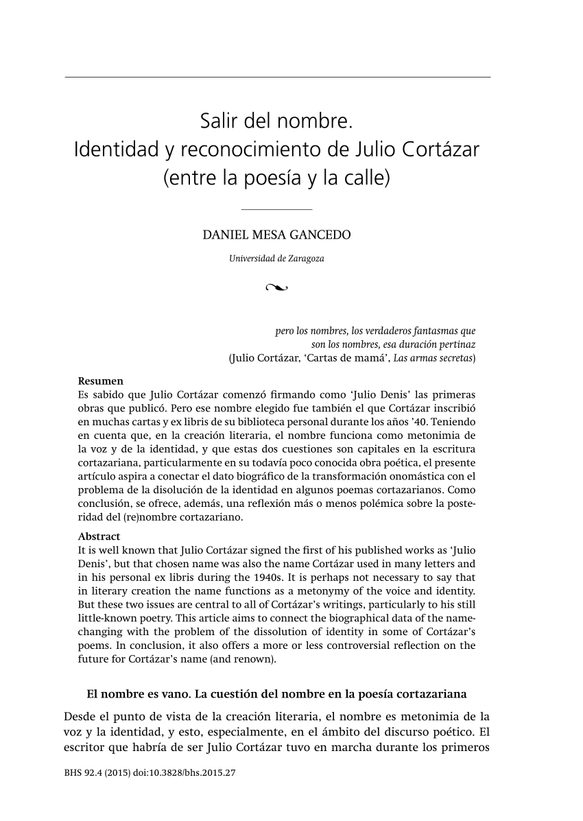 PDF) Salir del nombre. Identidad y reconocimiento de Julio Cortázar (entre  la poesía y la calle)
