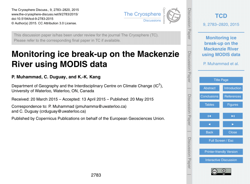 PDF) Monitoring ice break-up on the Mackenzie River using MODIS data