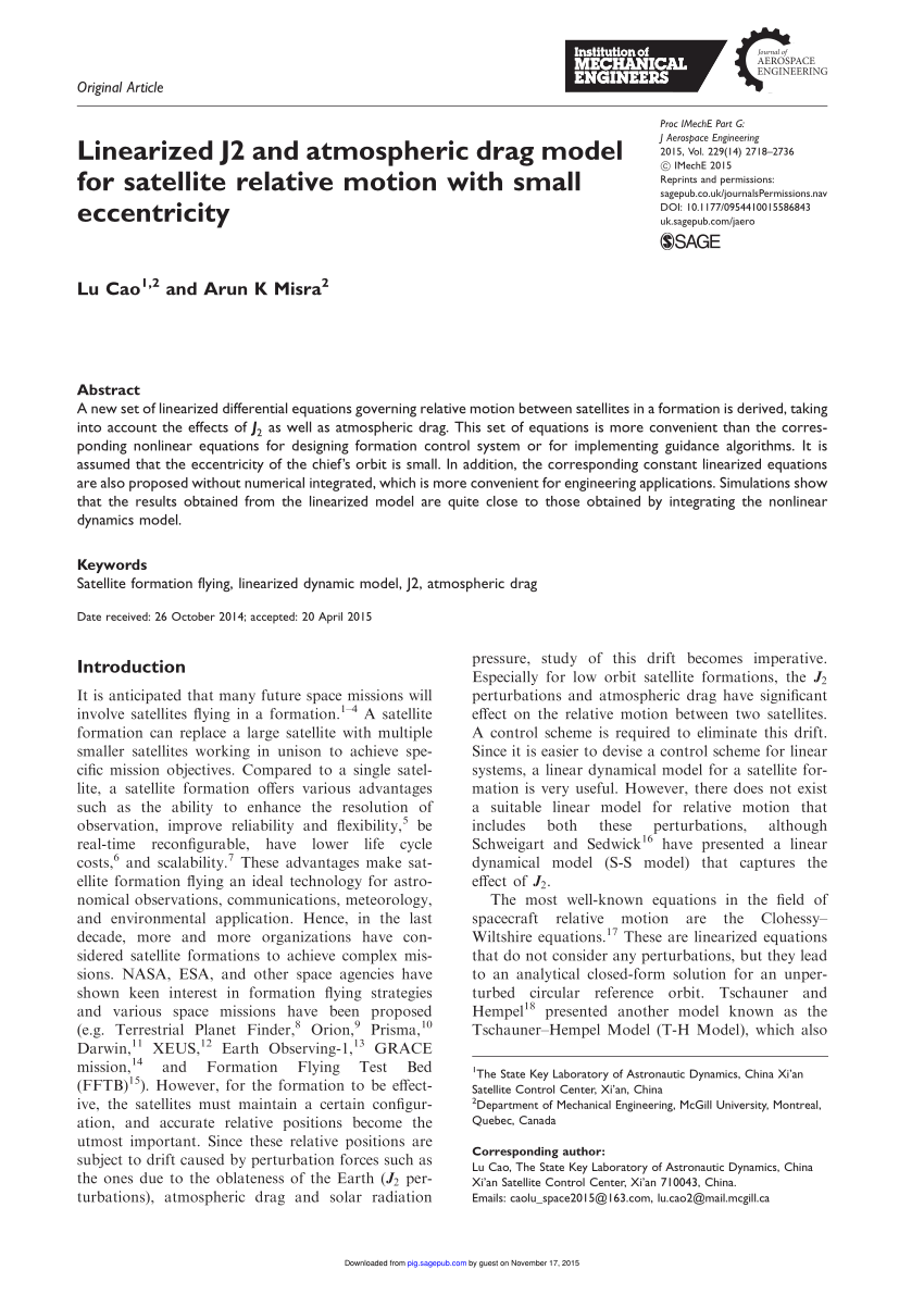 Pdf Linearized J2 And Atmospheric Drag Model For Satellite Relative Motion With Small Eccentricity