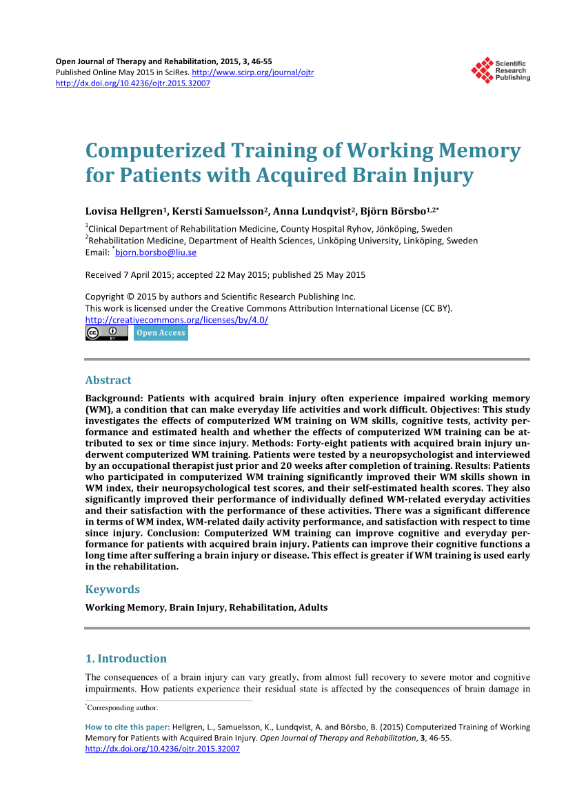 PDF) Computerized Training of Working Memory for Patients with