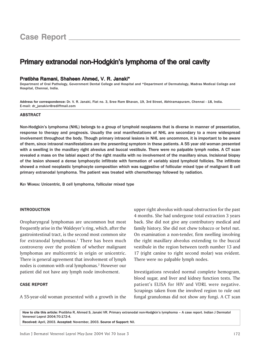 Pdf Case Report Primary Extranodal Non Hodgkins Lymphoma Of The Oral Cavity 