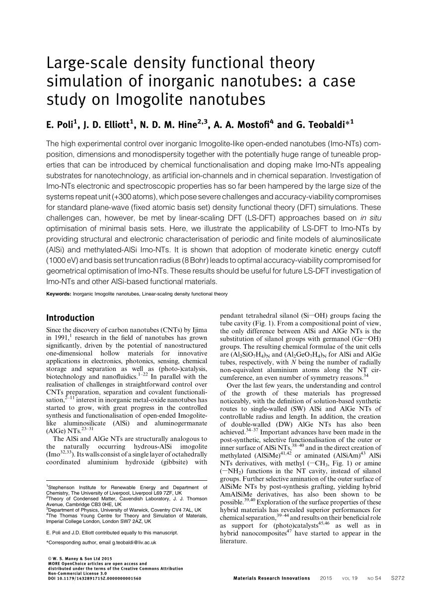 Pdf Large Scale Density Functional Theory Simulation Of Inorganic Nanotubes A Case Study On Imogolite Nanotubes