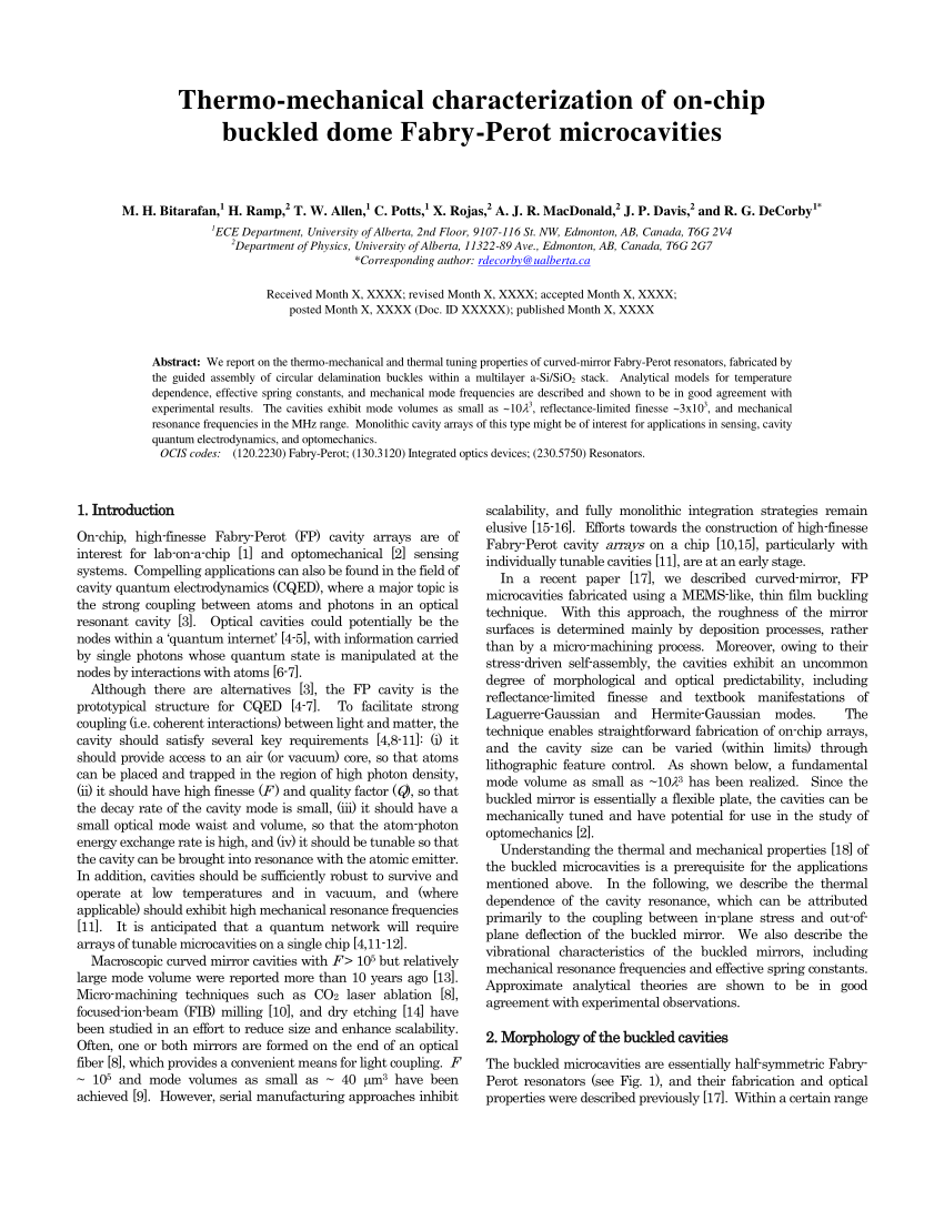 Pdf Thermomechanical Characterization Of On Chip Buckled Dome Fabry Perot Microcavities