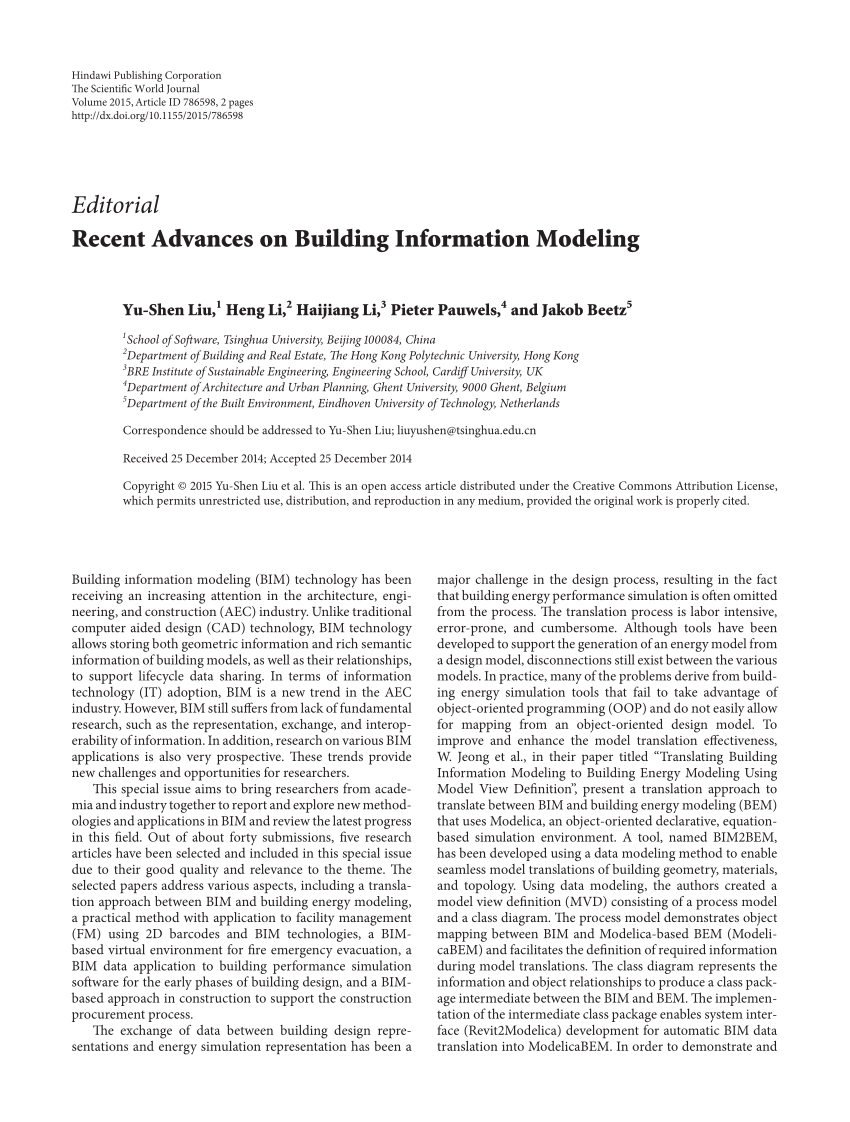 Pdf Recent Advances On Building Information Modeling