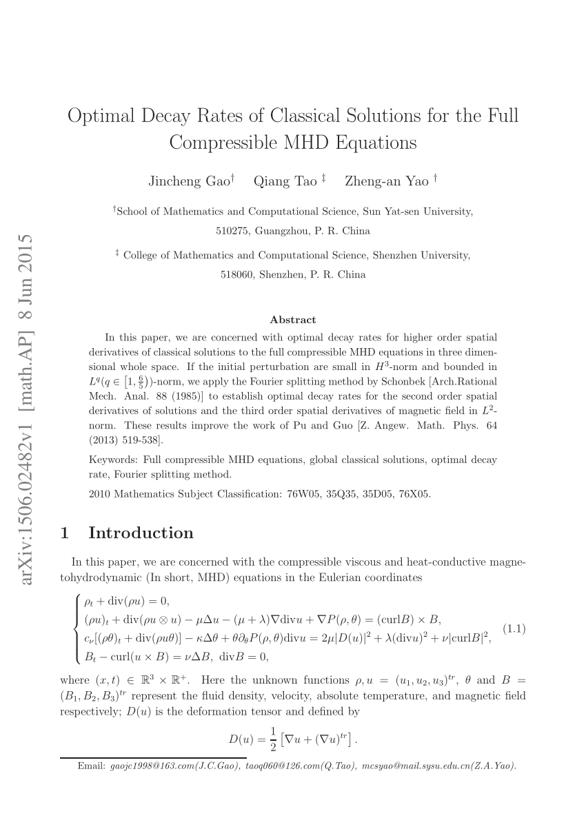 Pdf Optimal Decay Rates Of Classical Solutions For The Full Compressible Mhd Equations