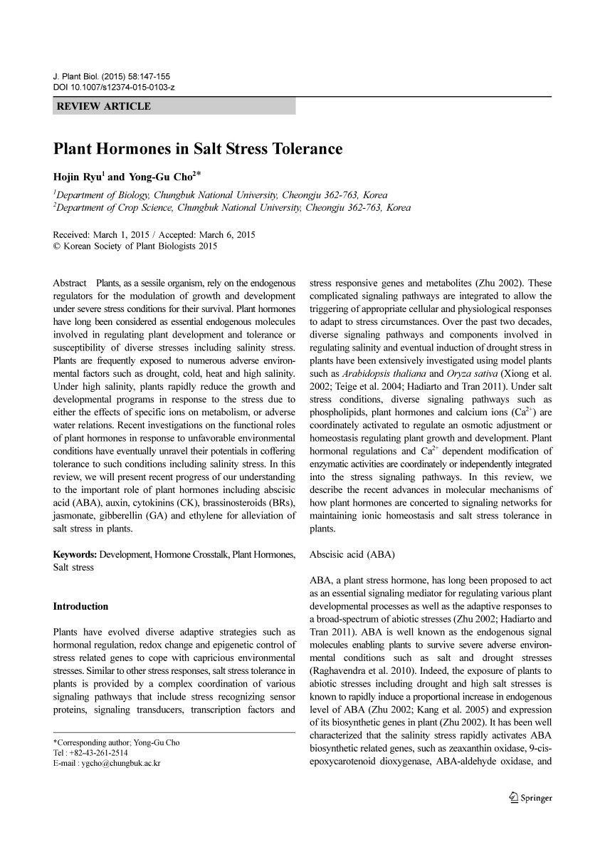 Pdf Plant Hormones In Salt Stress Tolerance