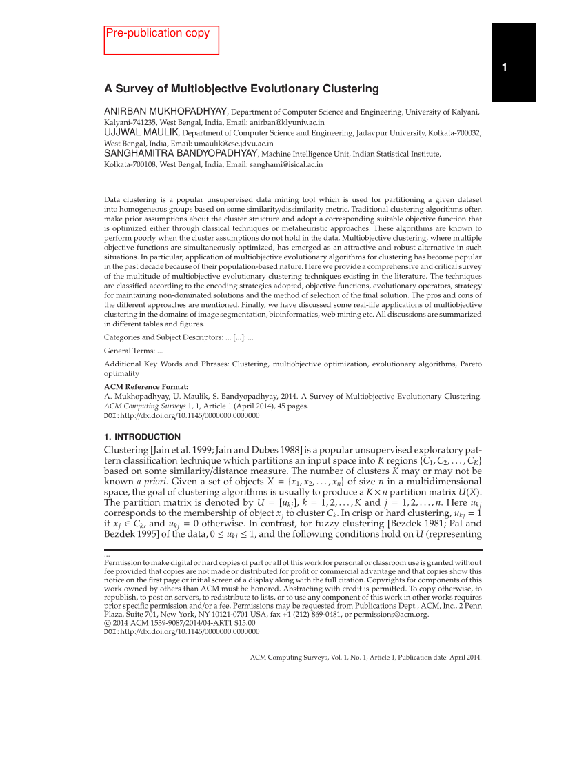 Pdf A Survey Of Multiobjective Evolutionary Clustering 5884