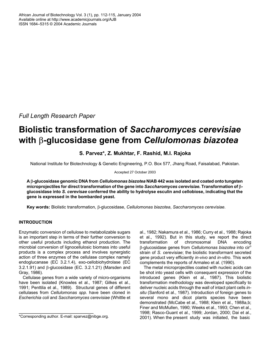 Pdf Biolistic Transformation Of Saccharomyces Cerevisiae With B Glucosidase Gene From Cellulomonas Biazotea