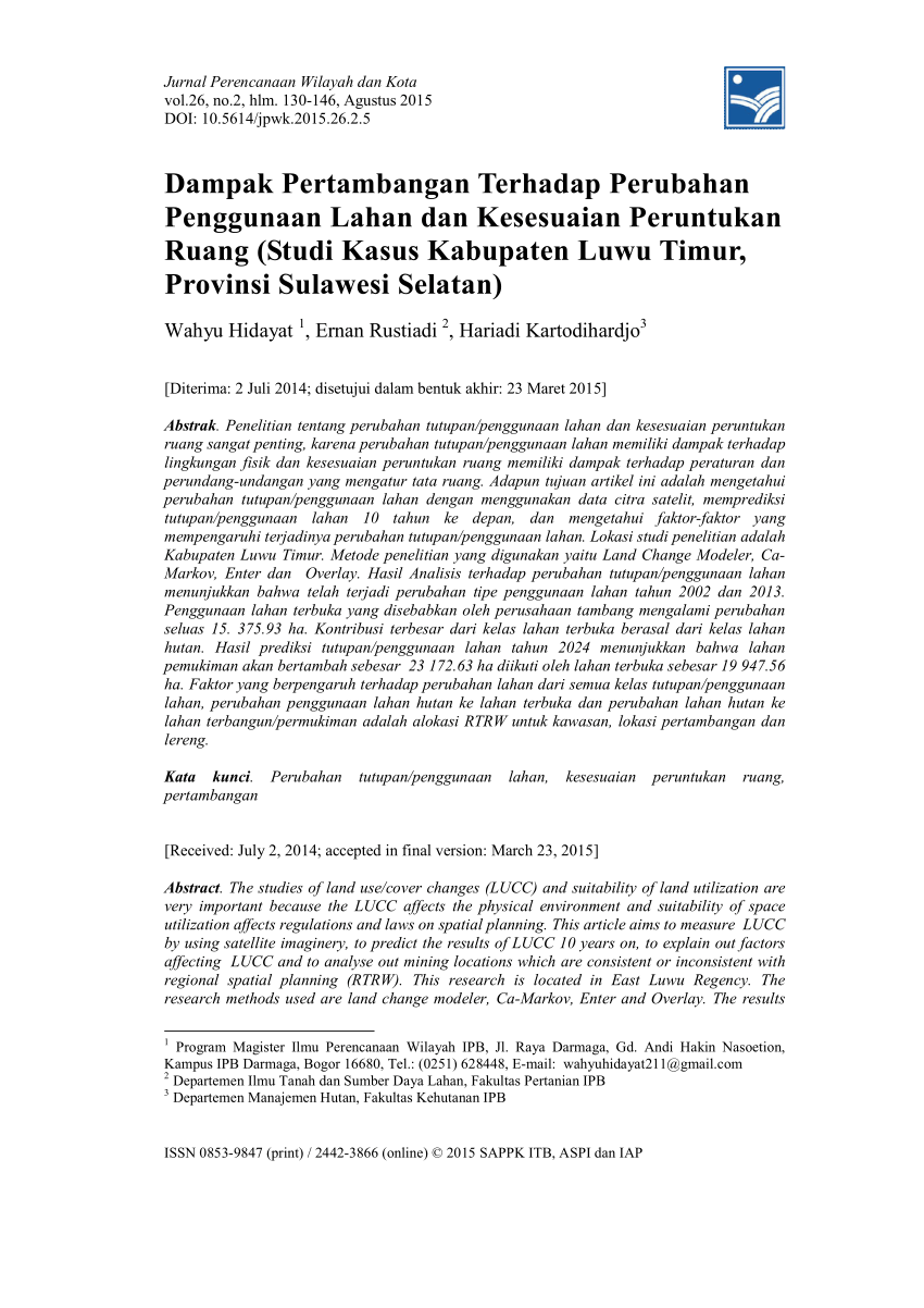 Pdf Dampak Pertambangan Terhadap Perubahan Penggunaan Lahan Dan Kesesuaian Peruntukan Ruang Studi Kasus Kabupaten Luwu Timur Provinsi Sulawesi Selatan