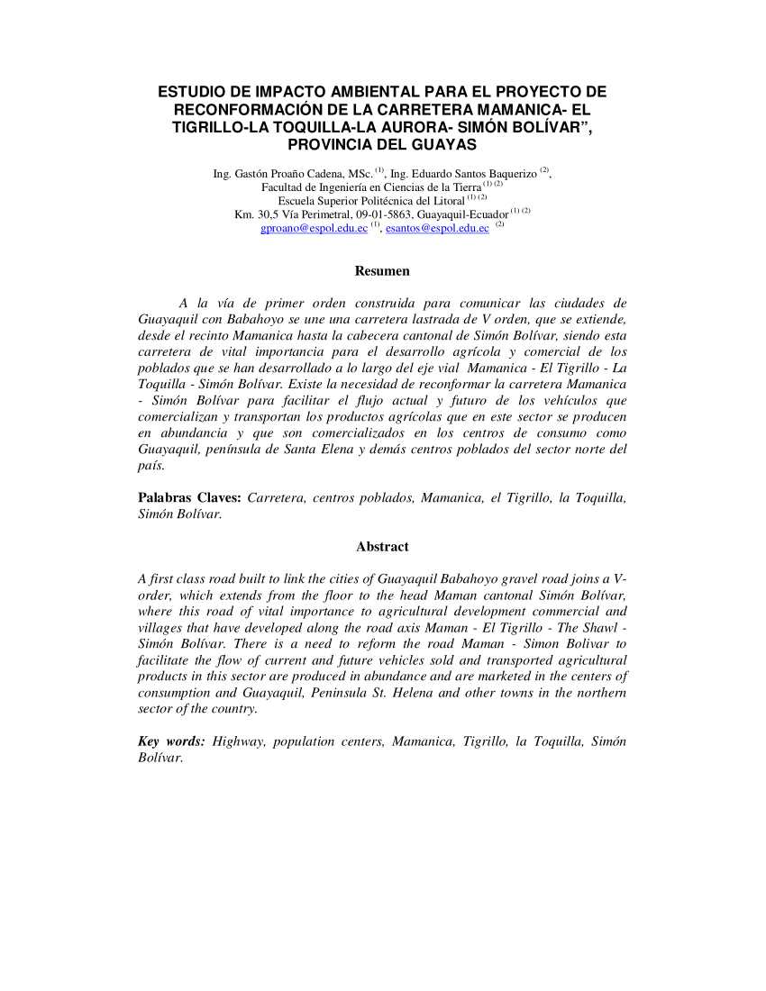 Pdf Estudio De Impacto Ambiental Para El Proyecto De Reconformacion De La Carretera Mamanica El Tigrillo La Toquilla La Aurora Simon Bolivar Provincia Del Guayas