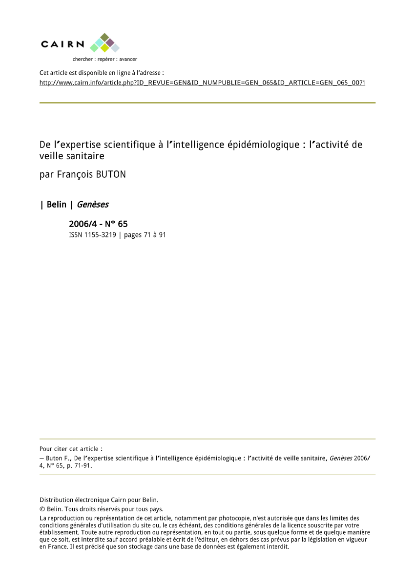 Pdf De L Expertise Scientifique A L Intelligence Epidemiologique L Activite De Veille Sanitaire