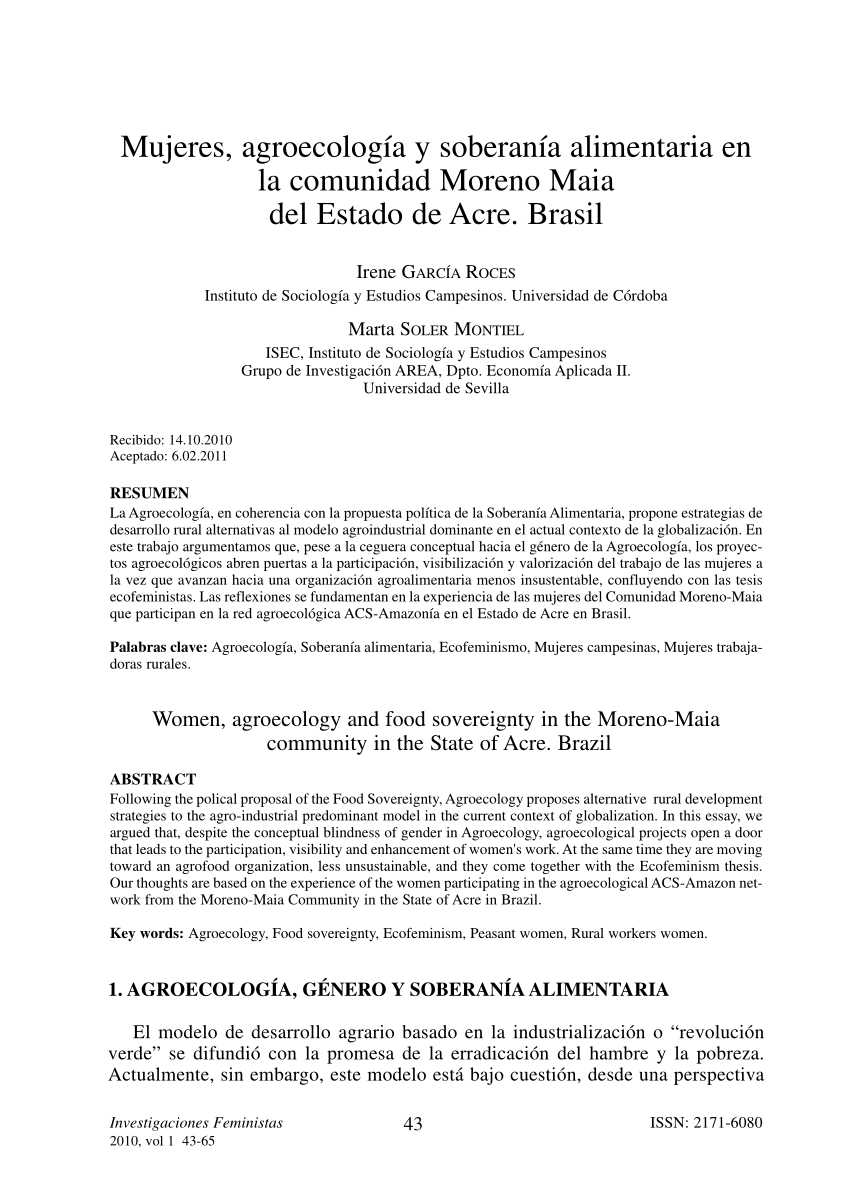 PDF) Mujeres, agroecología y soberanía alimentaria en la comunidad Moreno  Maia del Estado de Acre. Brasil