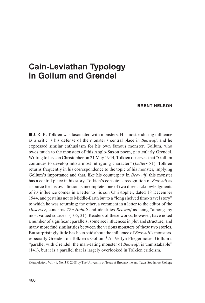 Pdf Cain Leviathan Typology In Gollum And Grendel