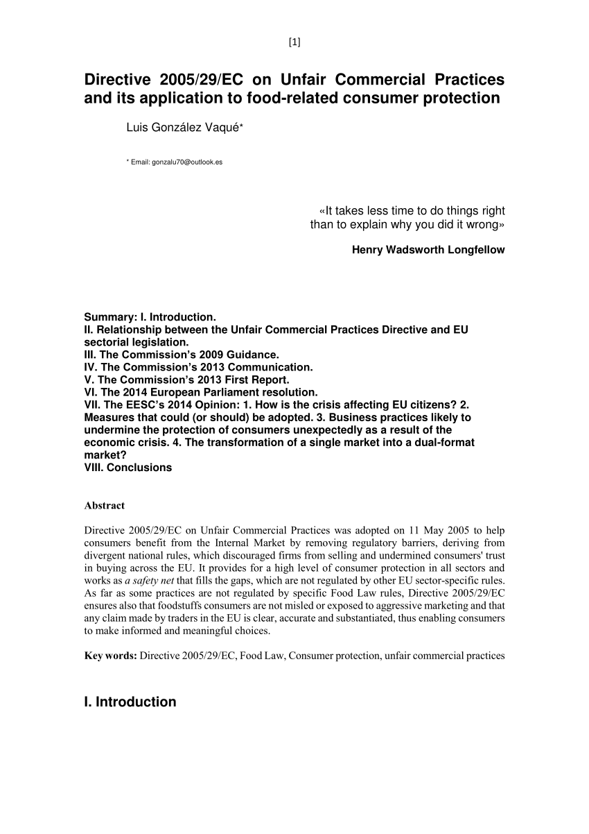 (PDF) Directive 2005/29/EC on Unfair Commercial Practices ...