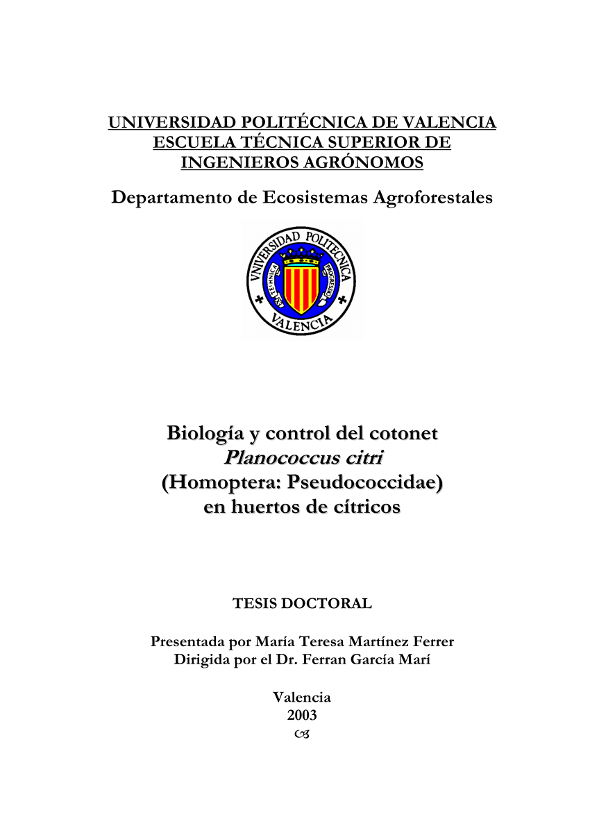 Pdf Biologia Y Control Del Cotonet Planococcus Citri Homoptera