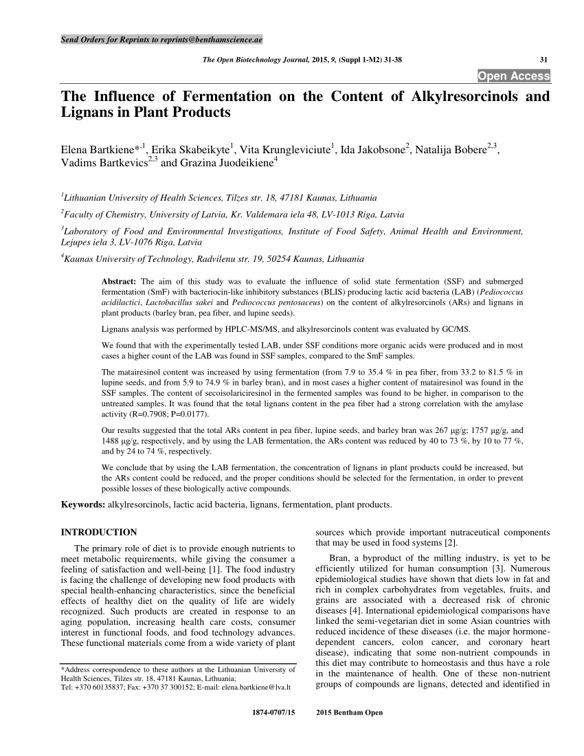 Pdf The Influence Of Fermentation On The Content Of Alkylresorcinols And Lignans In Plant Products
