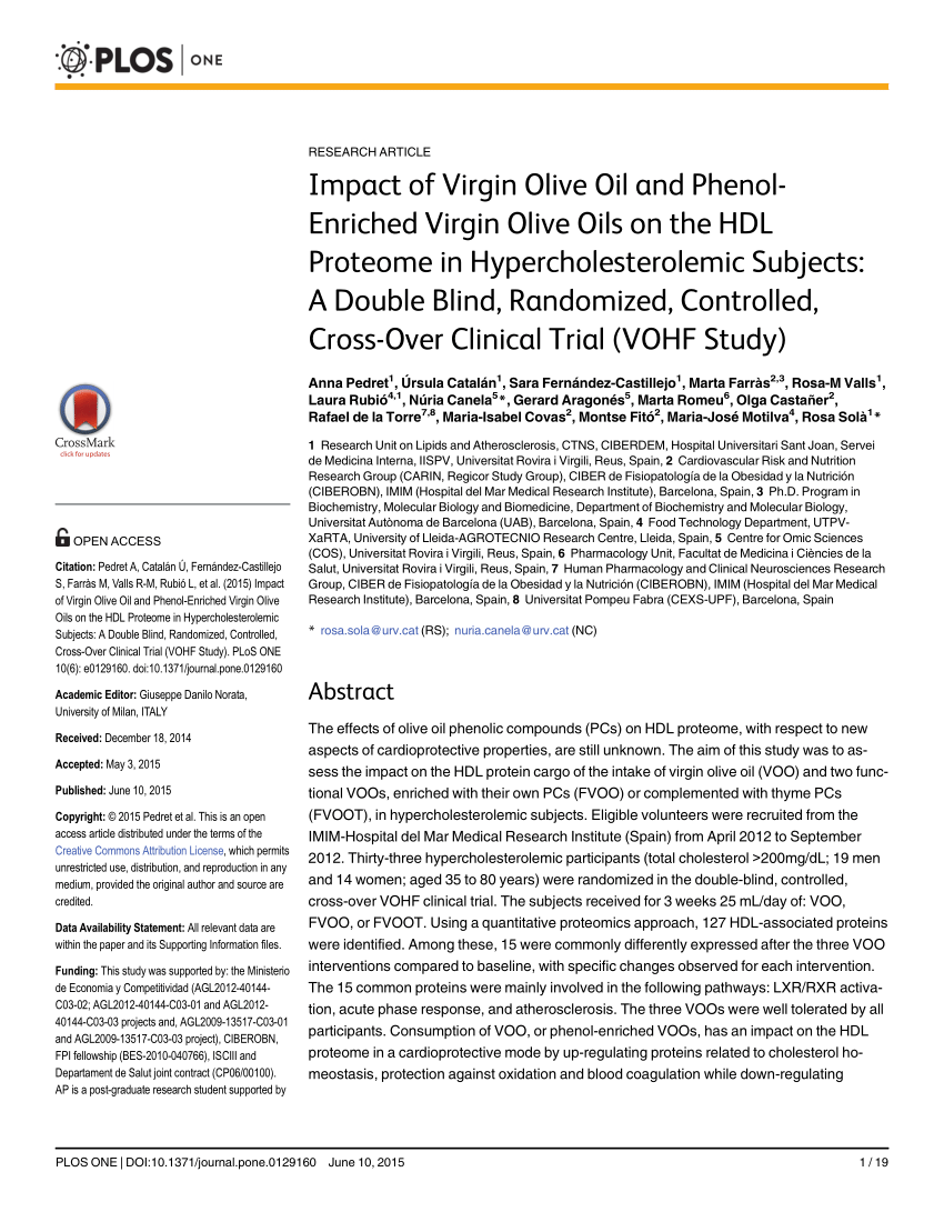 Pdf Impact Of Virgin Olive Oil And Phenol Enriched Virgin Olive Oils On The Hdl Proteome In Hypercholesterolemic Subjects A Double Blind Randomized Controlled Cross Over Clinical Trial Vohf Study