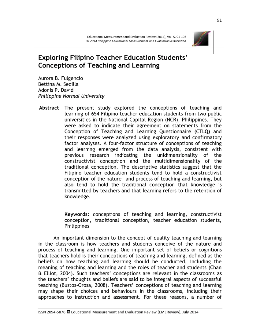 Pdf Exploring Filipino Teacher Education Students Conceptions Of Teaching And Learning