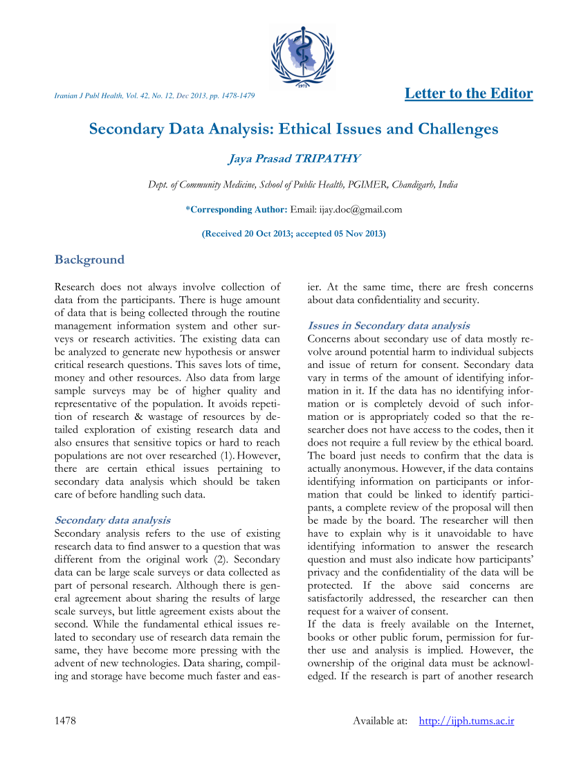 Pdf Secondary Data Analysis Ethical Issues And Challenges