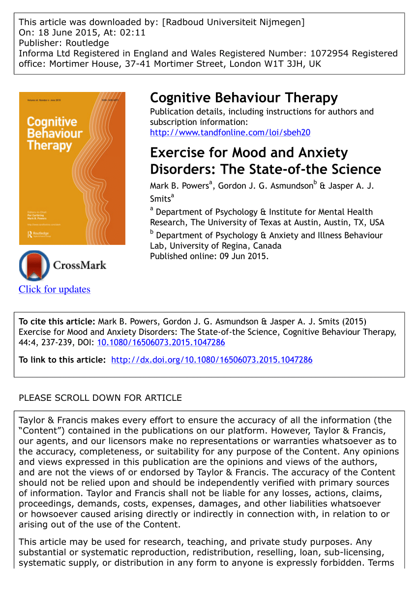 Pdf Exercise For Mood And Anxiety Disorders The State Of The Science