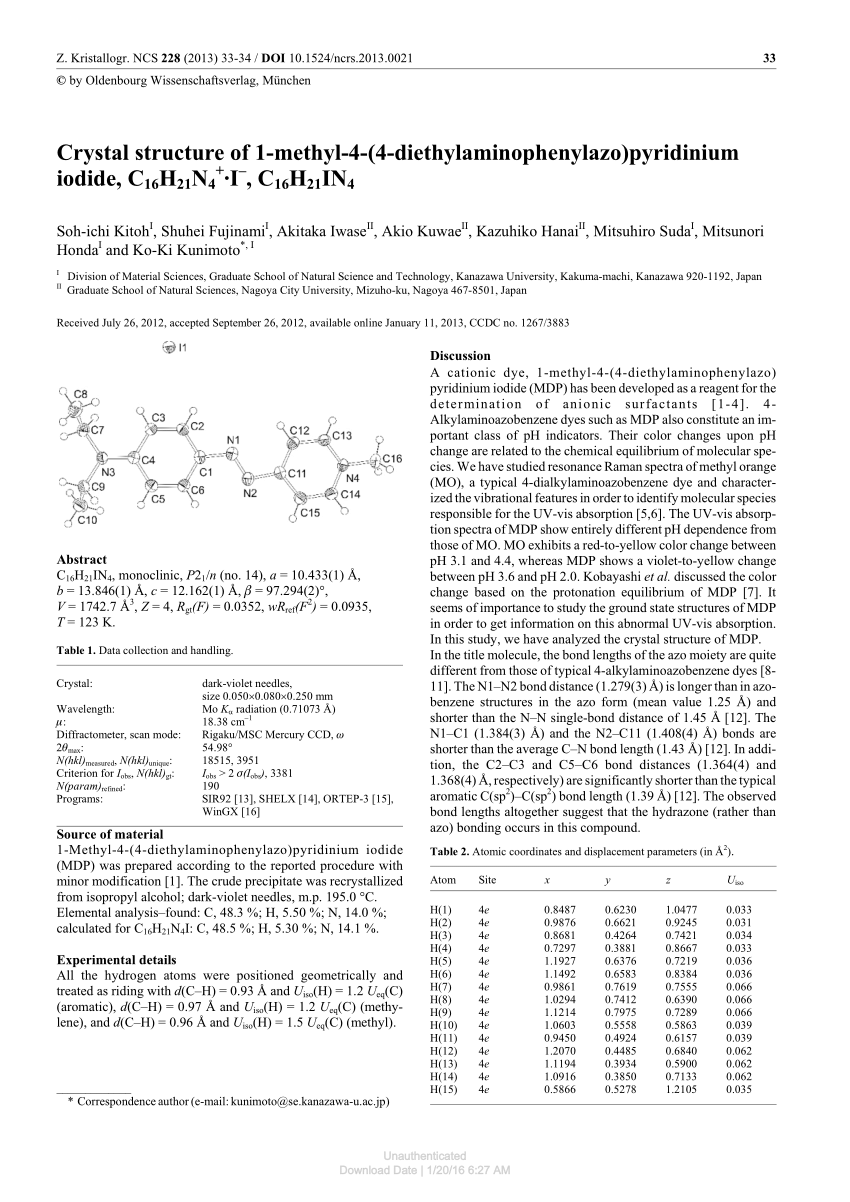 Pdf Crystal Structure Of 1 Methyl 4 4 Diethylaminophenylazo Pyridinium Iodide C16h21n4 I C 16h21in4