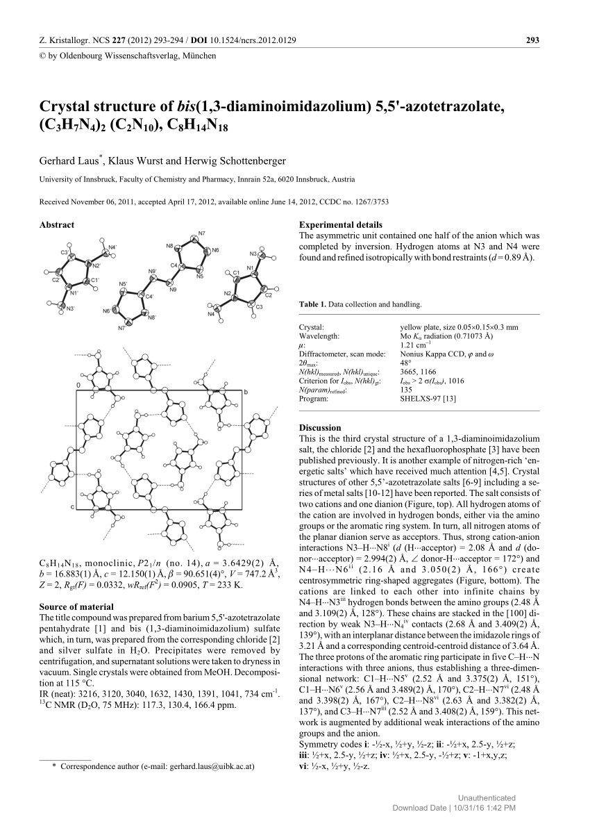 Pdf Crystal Structure Of Bis 1 3 Diaminoimidazolium 5 5 Azotetrazolate C3h7n4 2 C2n10 C8h14n18