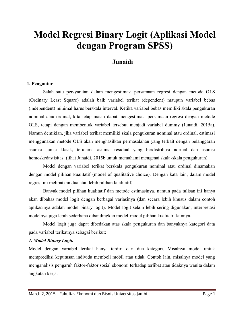 Pdf Model Regresi Binary Logit Aplikasi Model Dengan Program Spss