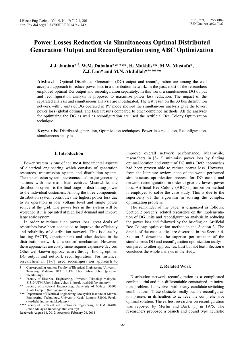 Pdf Power Losses Reduction Via Simultaneous Optimal Distributed Generation Output And Reconfiguration Using Abc Optimization