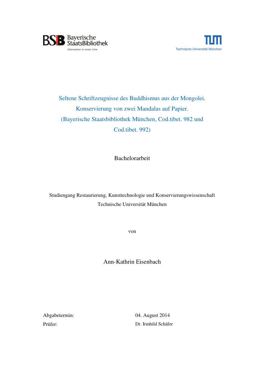 PDF Seltene Schriftzeugnisse des Buddhismus aus der Mongolei Konservierung von zwei Mandalas auf Papier Bayerische Staatsbibliothek München Cod tibet