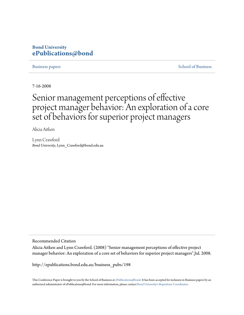 Pdf Senior Management Perceptions Of Effective Project Manager Behavior An Exploration Of A Core Set Of Behaviors For Superior Project Managers