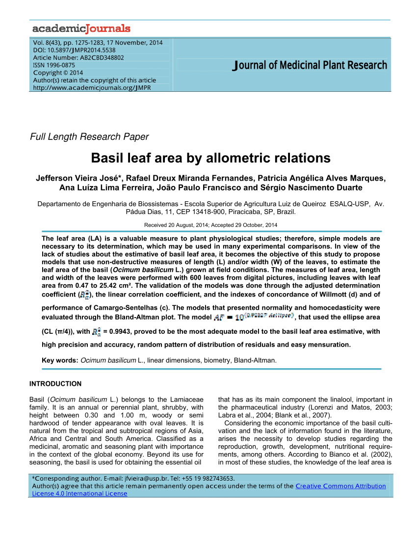 PDF Basil leaf area by allometric relations