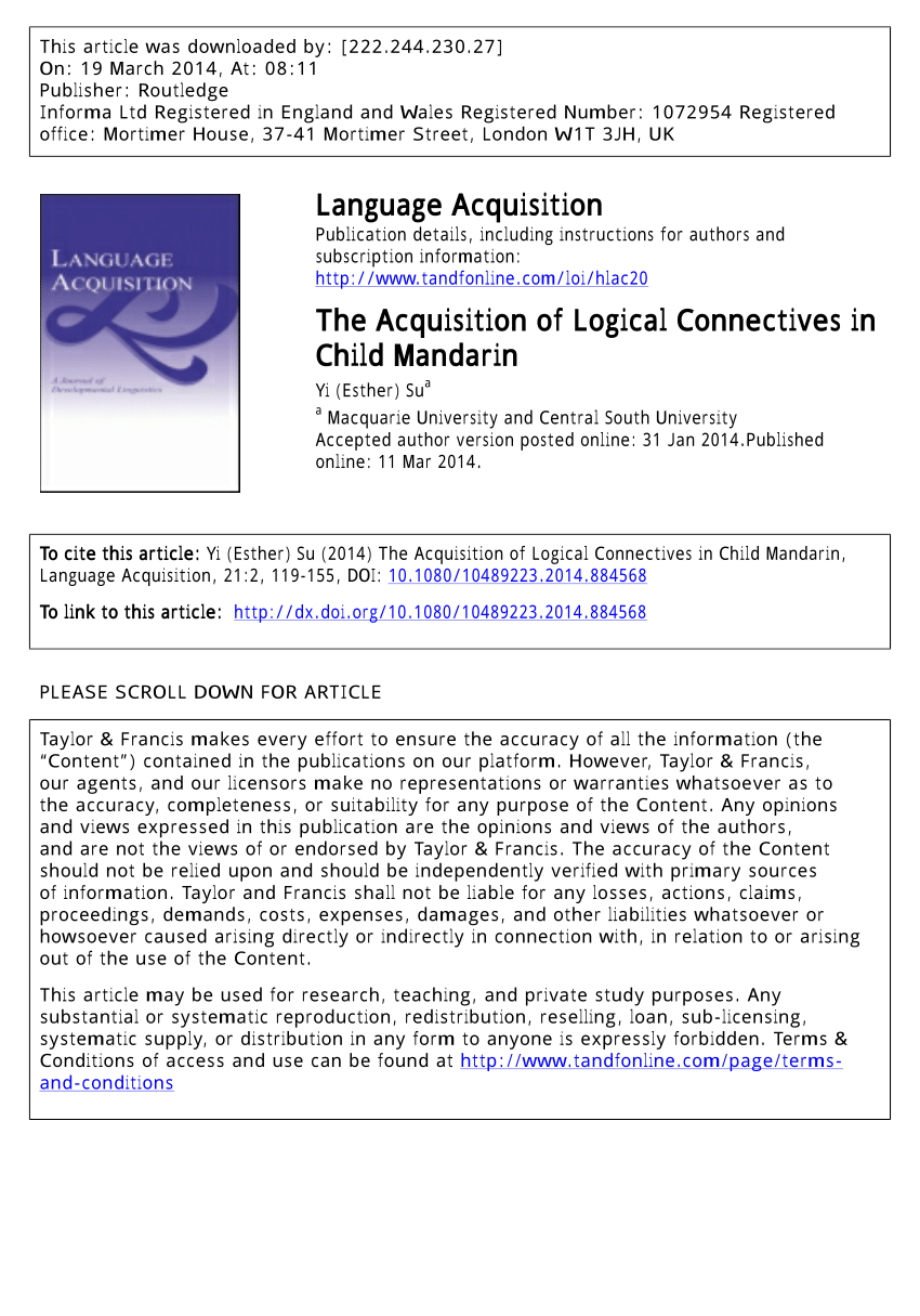 PDF) The Acquisition of Logical Connectives in Child Mandarin