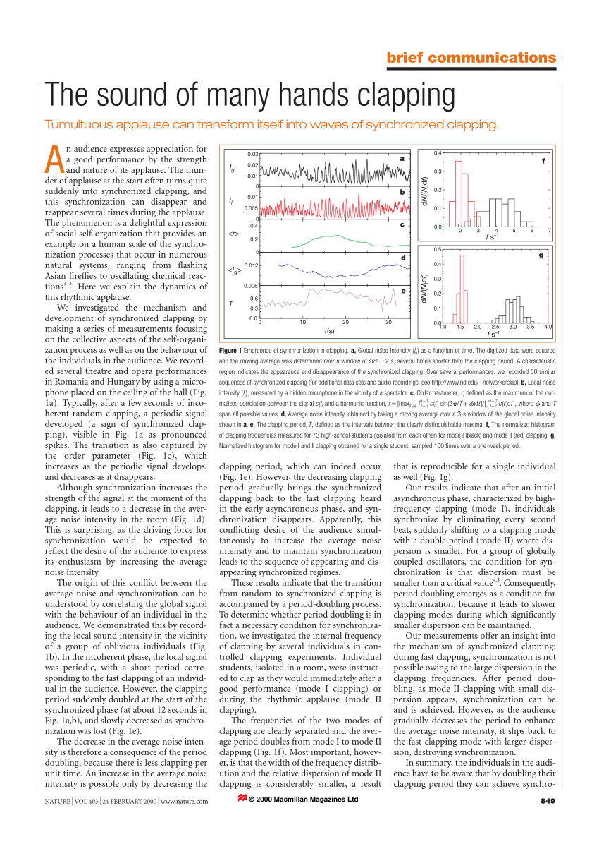 PDF) The sound of many hands clapping - Tumultuous applause can transform  itself into waves of synchronized clapping