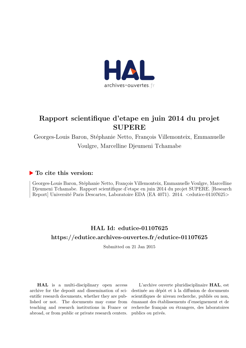 (PDF) Rapport scientifique d’étape en juin 2014 du projet SUPERE