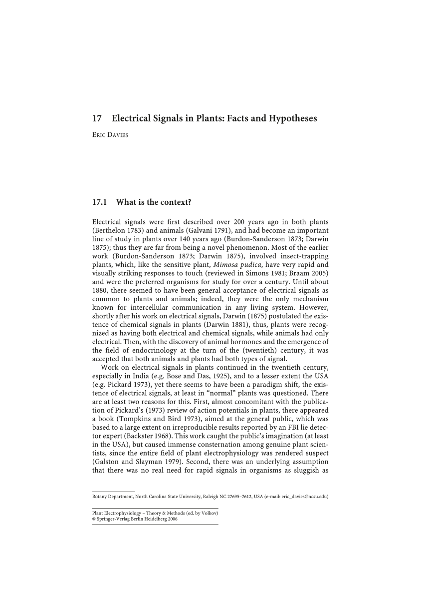 Pdf Electrical Signals In Plants Facts And Hypotheses