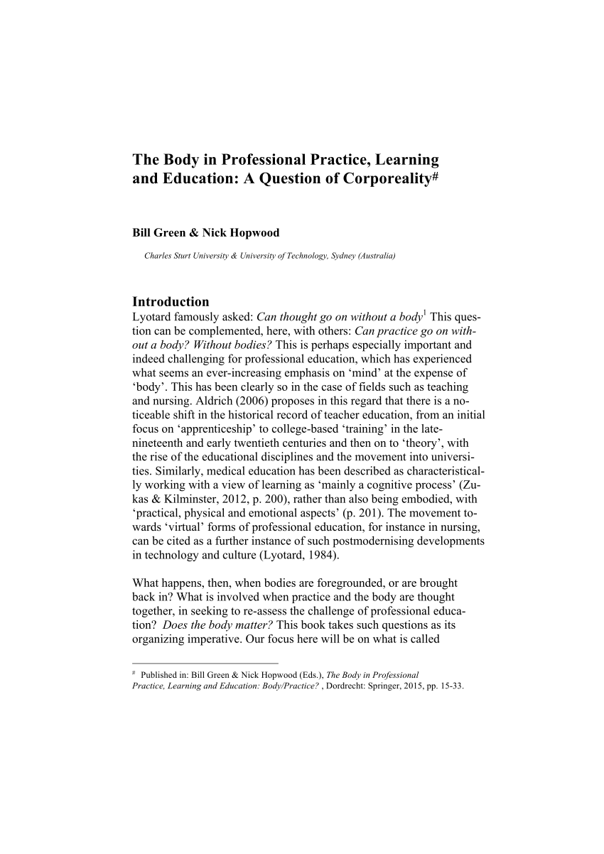 Pdf The Body In Professional Practice Learning And Education A Question Of Corporeality