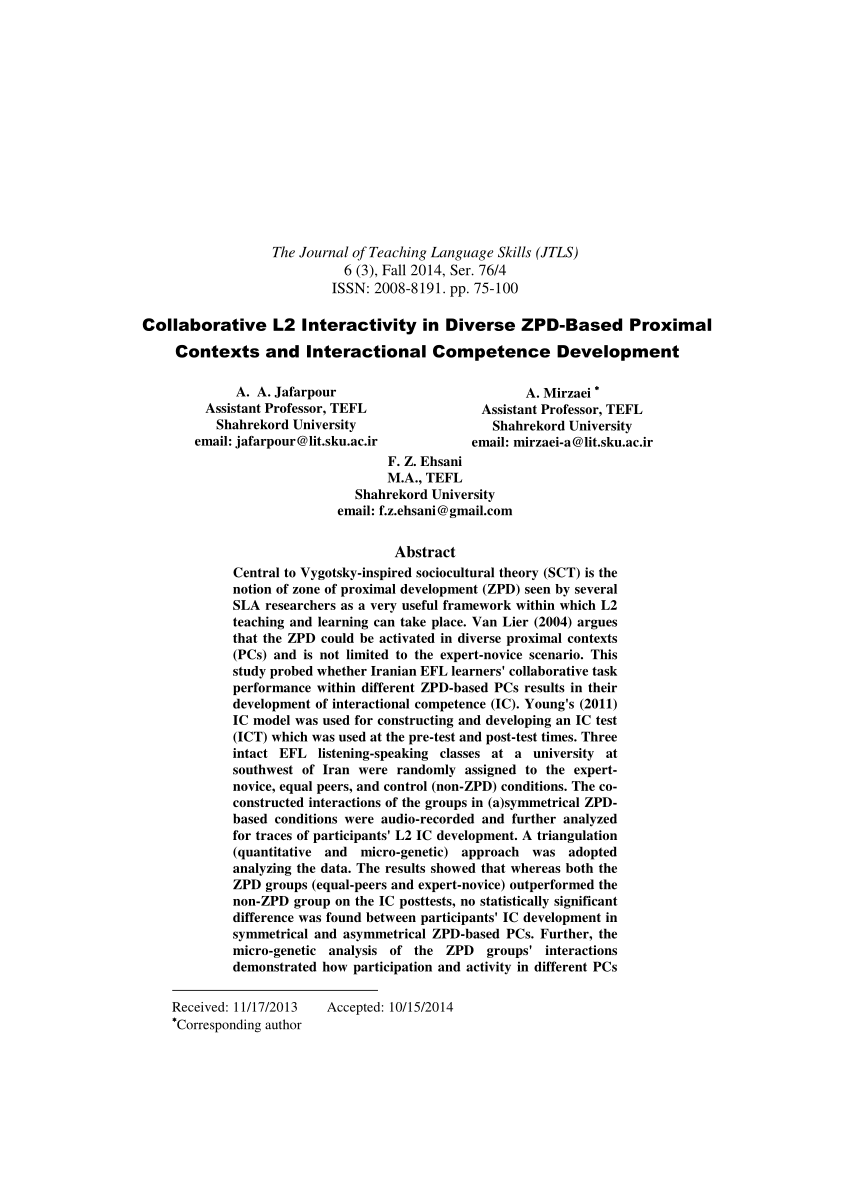 PDF) Collaborative L2 Interactivity in Diverse ZPD-Based Proximal ...