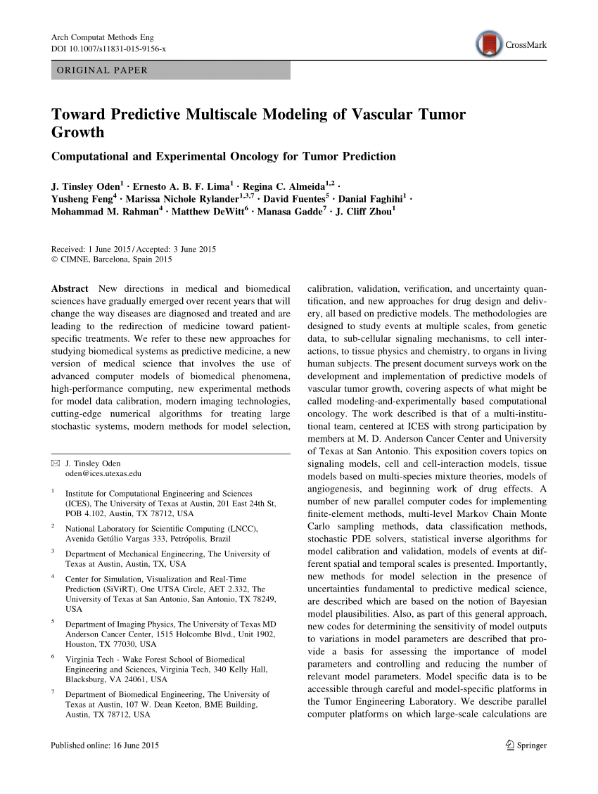 Pdf Toward Predictive Multiscale Modeling Of Vascular Tumor Growth