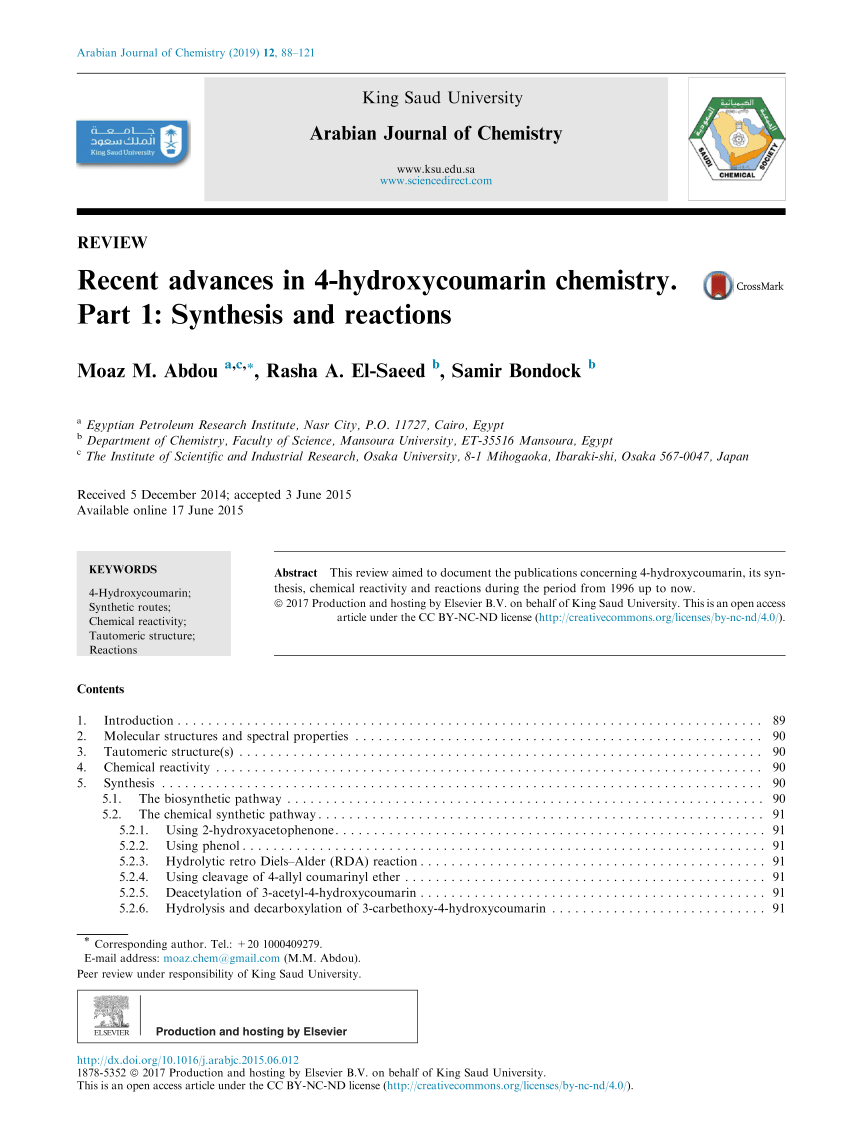 Pdf Recent Advances In 4 Hydroxycoumarin Chemistry Part 1 Synthesis And Reactions