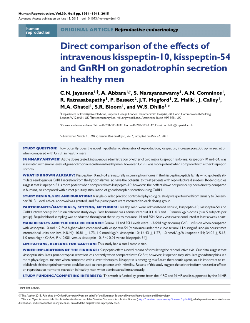 Pdf Direct Comparison Of The Effects Of Intravenous Kisspeptin 10 Kisspeptin 54 And Gnrh On Gonadotrophin Secretion In Healthy Men