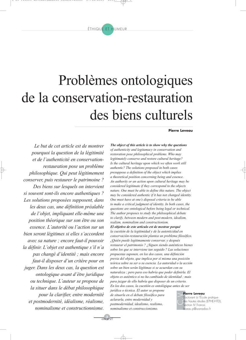 Pdf Problemes Ontologiques Conservation Restauration Des Biens Culturels