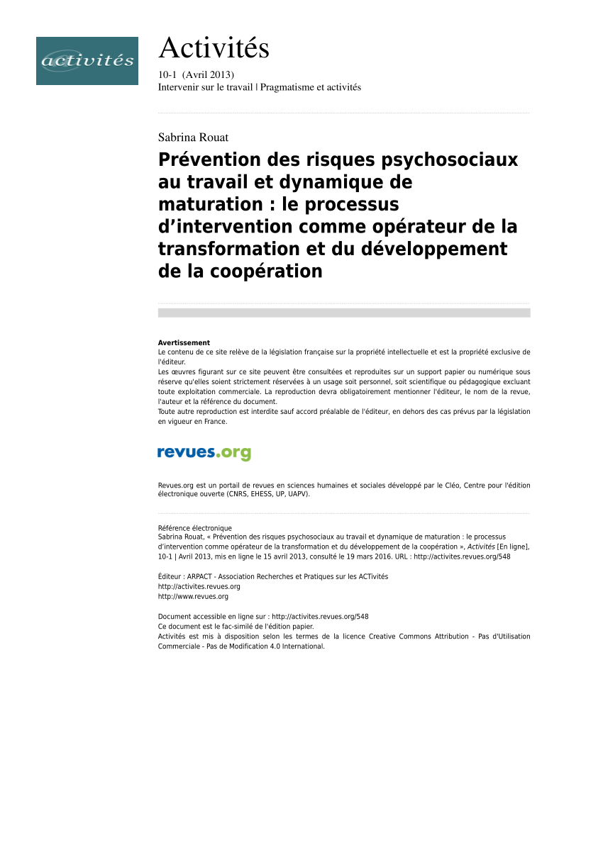 Pdf Prevention Des Risques Psychosociaux Au Travail Et Dynamique De Maturation Le Processus D Intervention Comme Operateur De La Transformation Et Du Developpement De La Cooperation