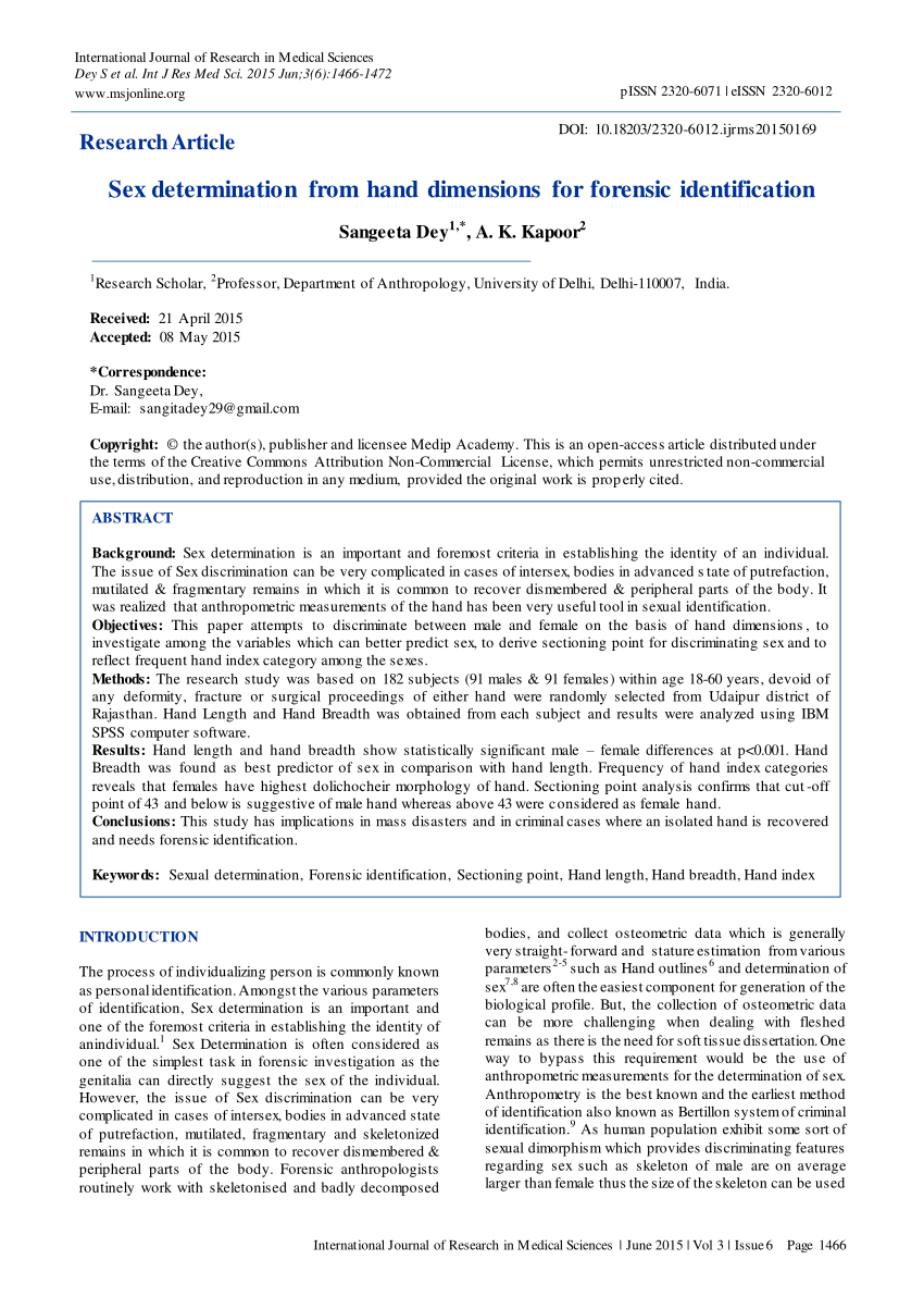 Pdf Sex Determination From Hand Dimensions For Forensic Identification