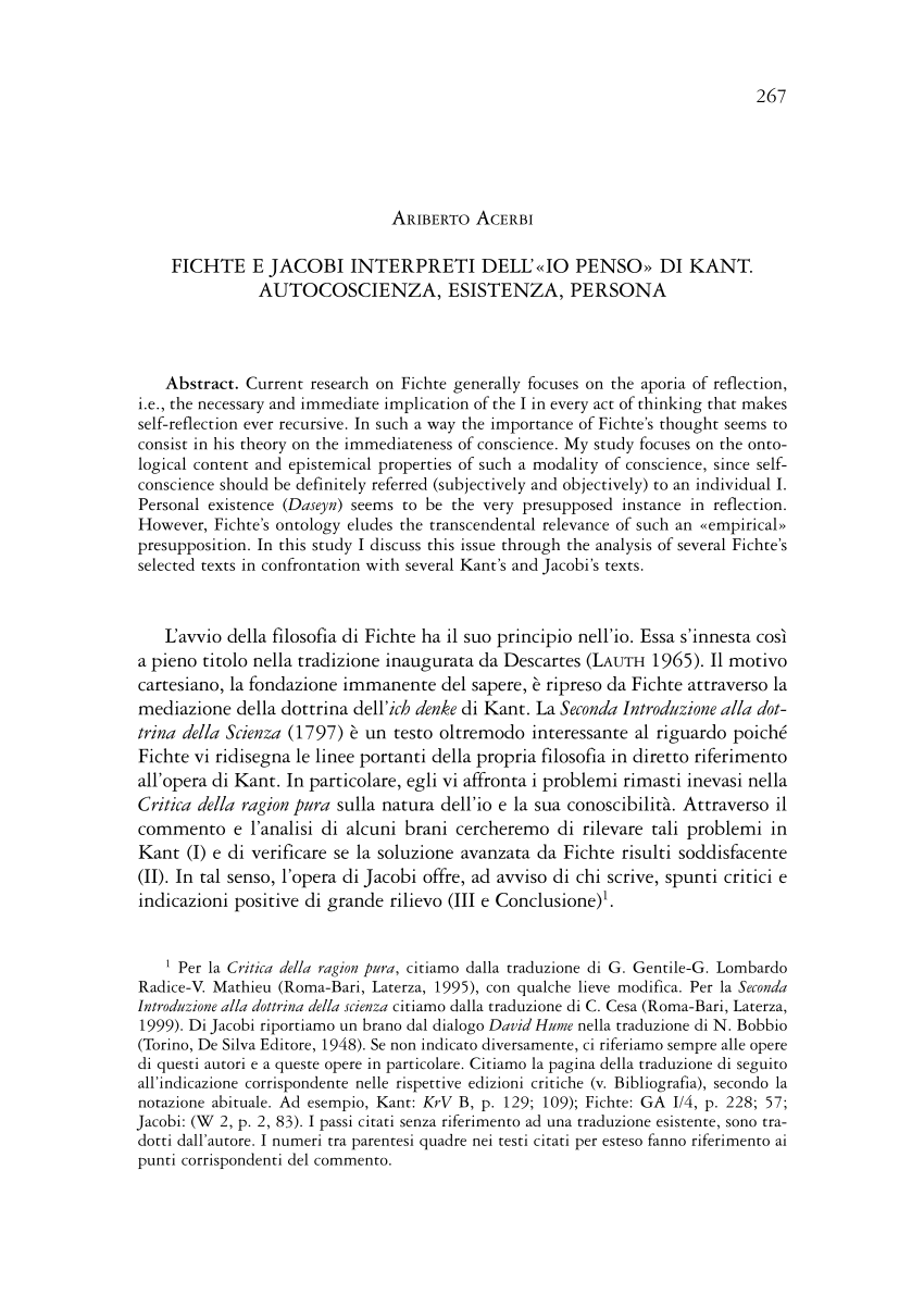 (PDF) Fichte e Jacobi interpreti dell'io penso di Kant. Autocoscienza ...
