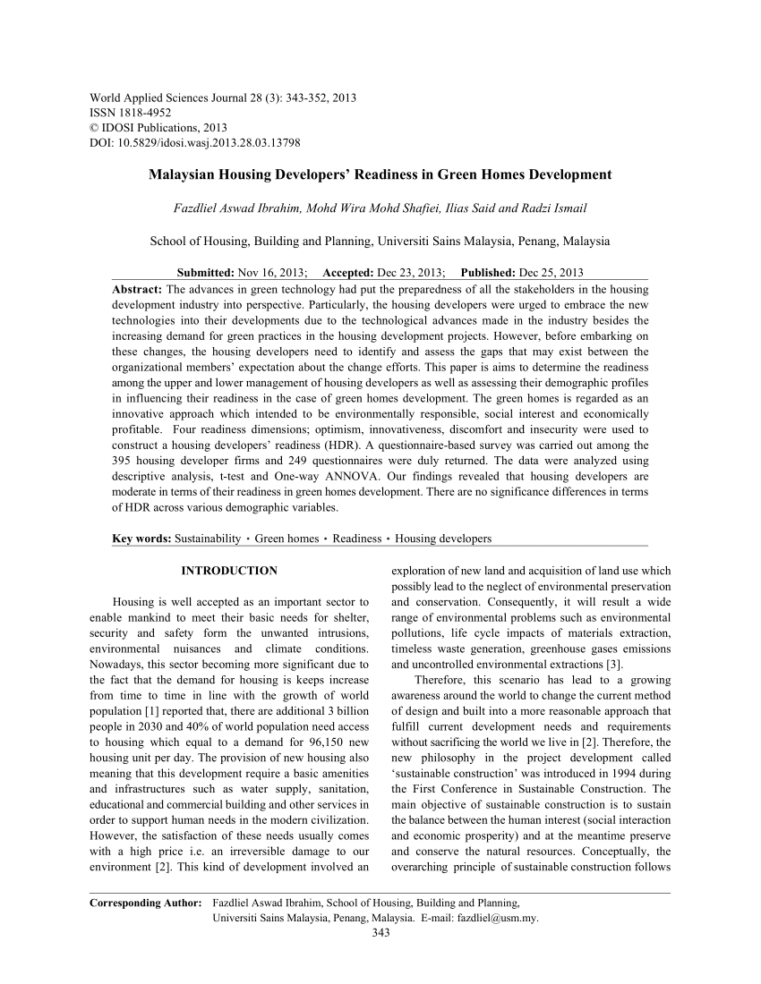 PDF) Malaysian Housing Developers' Readiness in Green Homes 