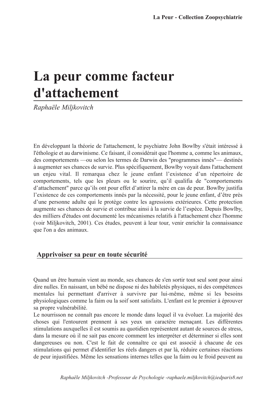 Pdf La Peur Comme Facteur D Attachement